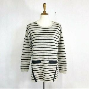 Catwalk Studio Striped Pocket Sweater Faux Leather Casual Pullover Long Sleeve
